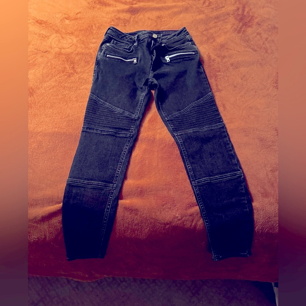 All Saints Biker cropped black moto Jeans